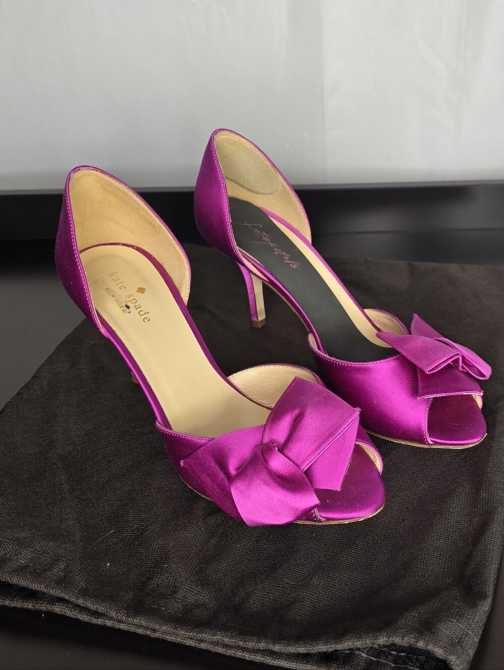 Kate Spade Fuchsia Satin Peep-Toe D'Orsay Heels with Bow Accent in Size 8
